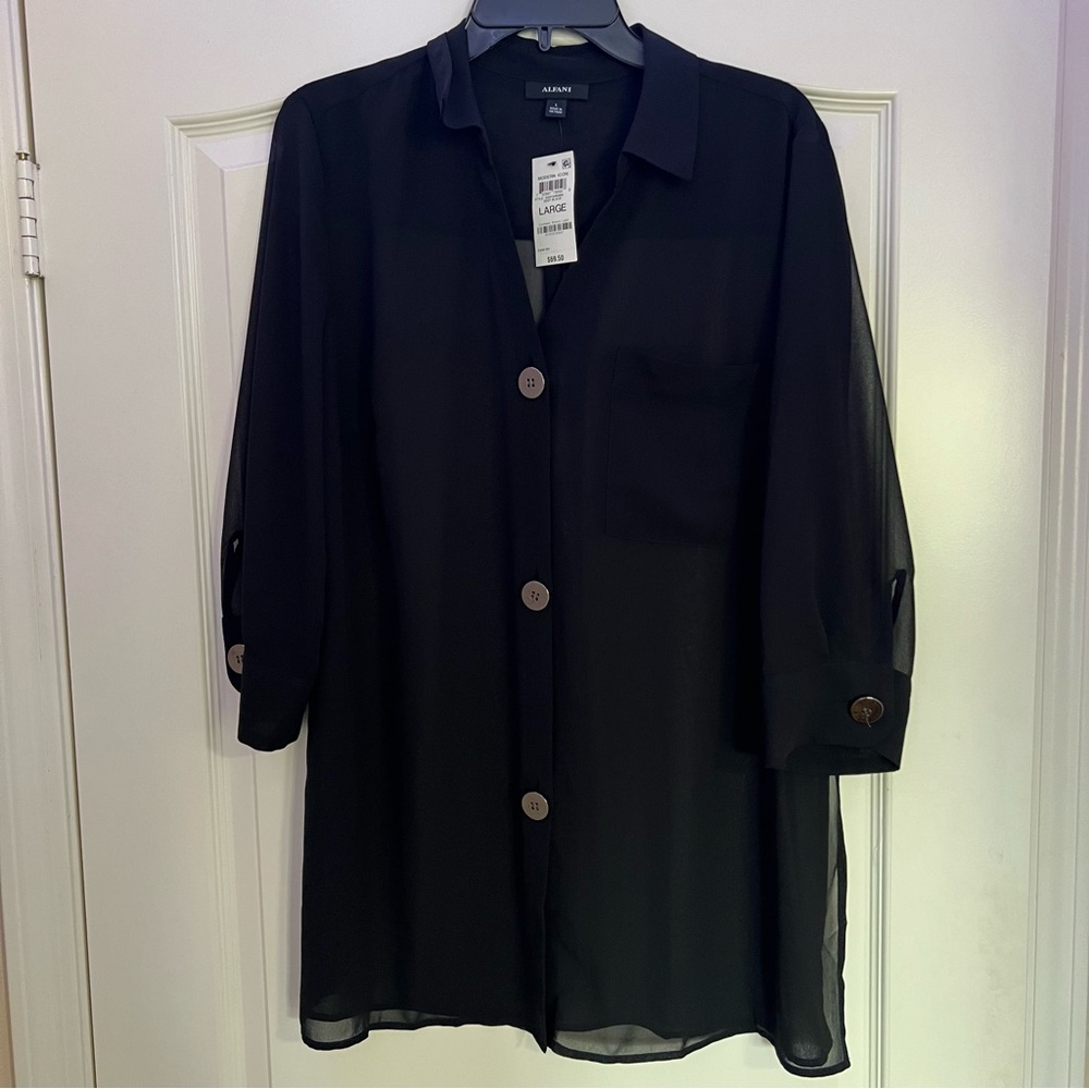 Alfani Women’s Deep Black Sheer Button-Up Long Blouse - Size L